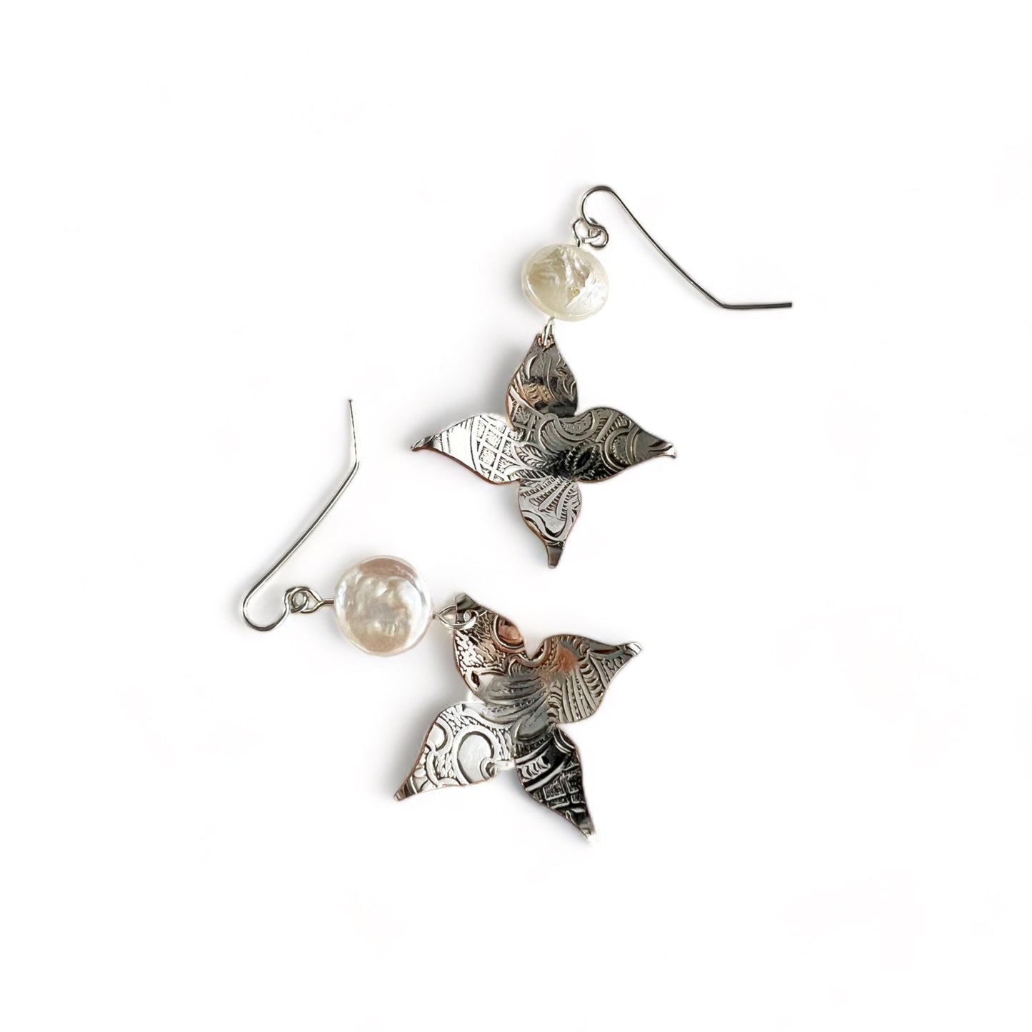 Silver Flower Earrings with Pearl