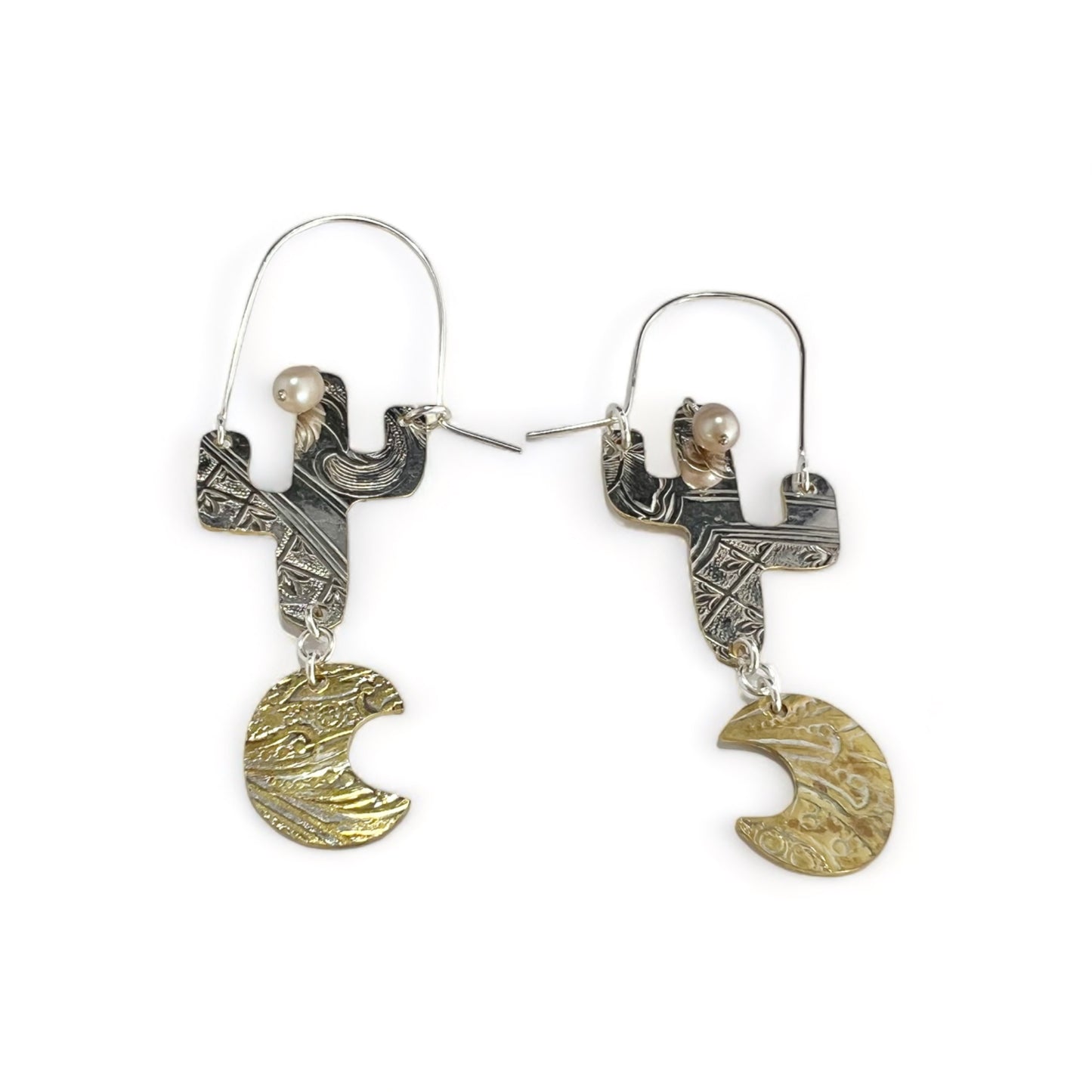 Silver Cactus Hoop Earrings Pearl