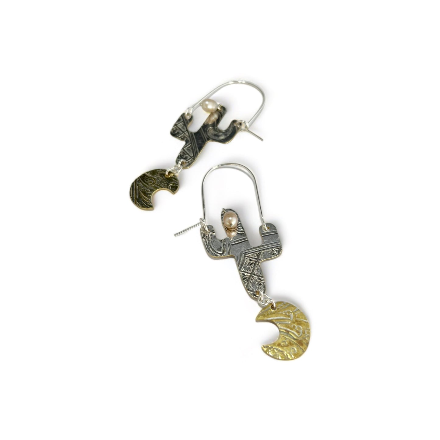 Silver Cactus Hoop Earrings Pearl