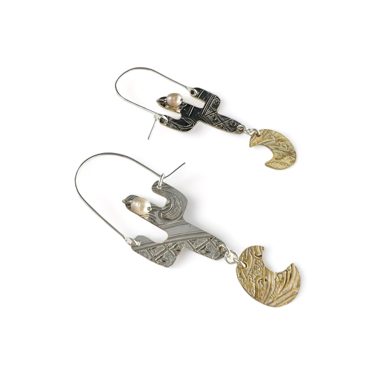 Silver Cactus Hoop Earrings Pearl