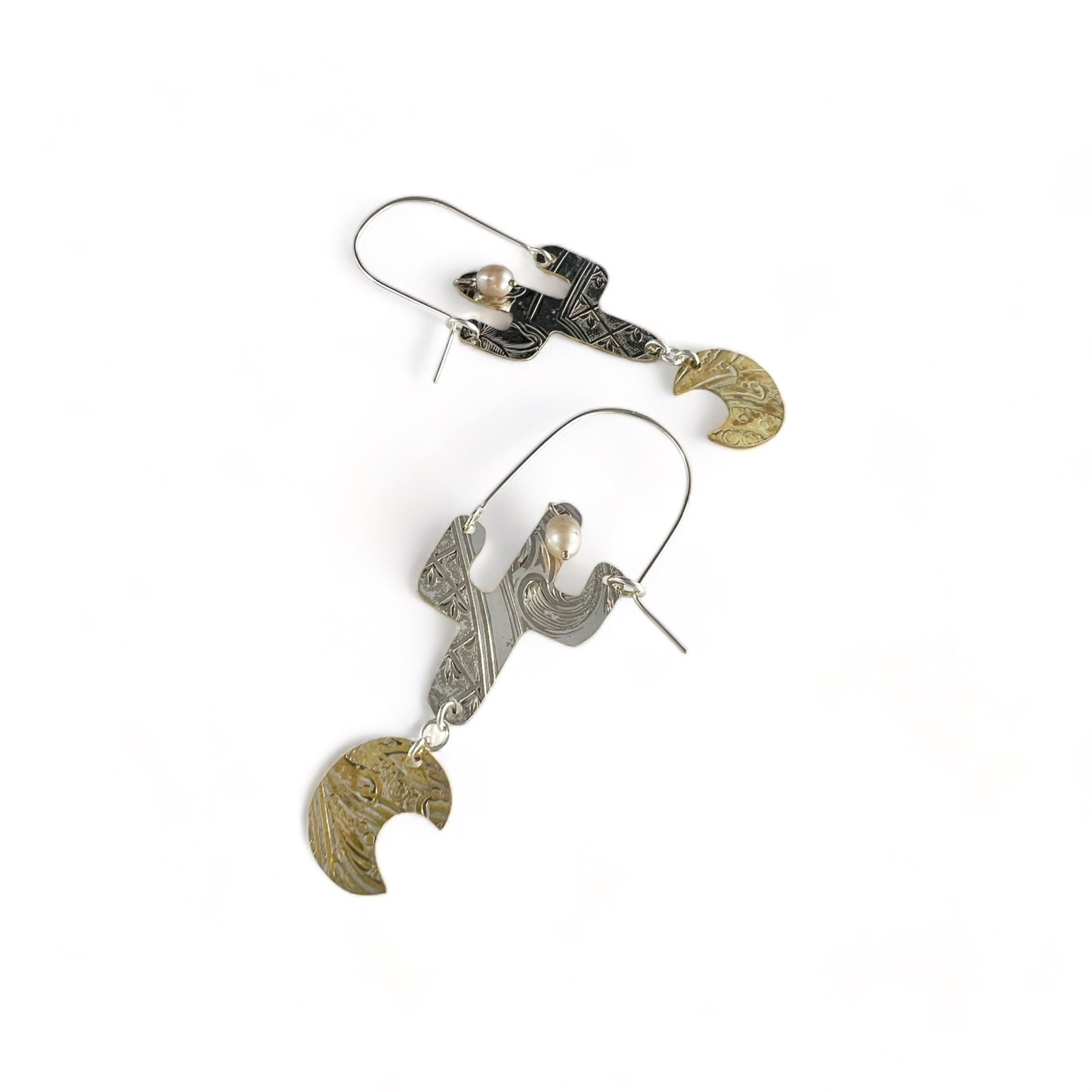 Silver Cactus Hoop Earrings Pearl