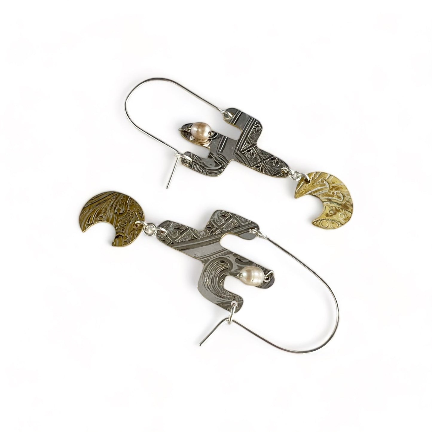Silver Cactus Hoop Earrings Pearl