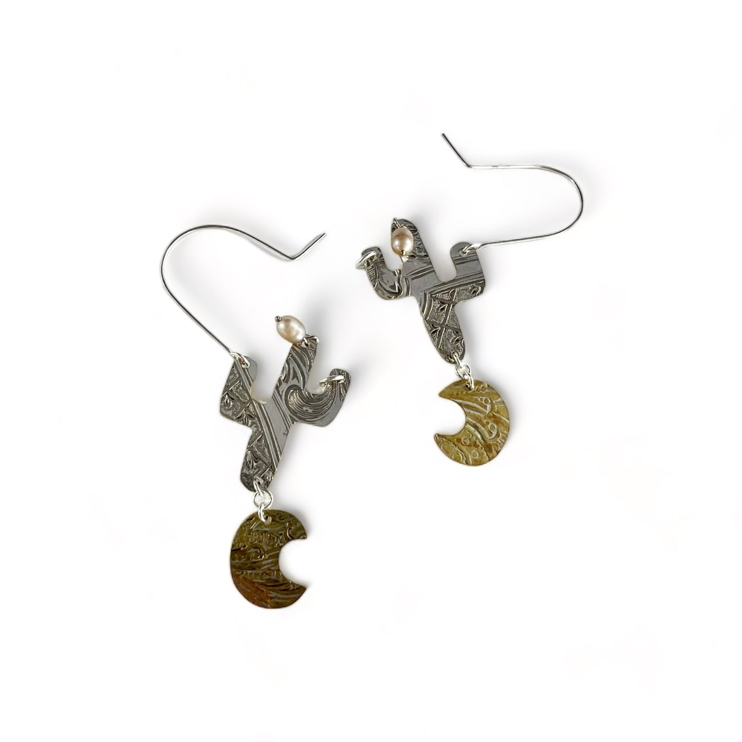 Silver Cactus Hoop Earrings Pearl