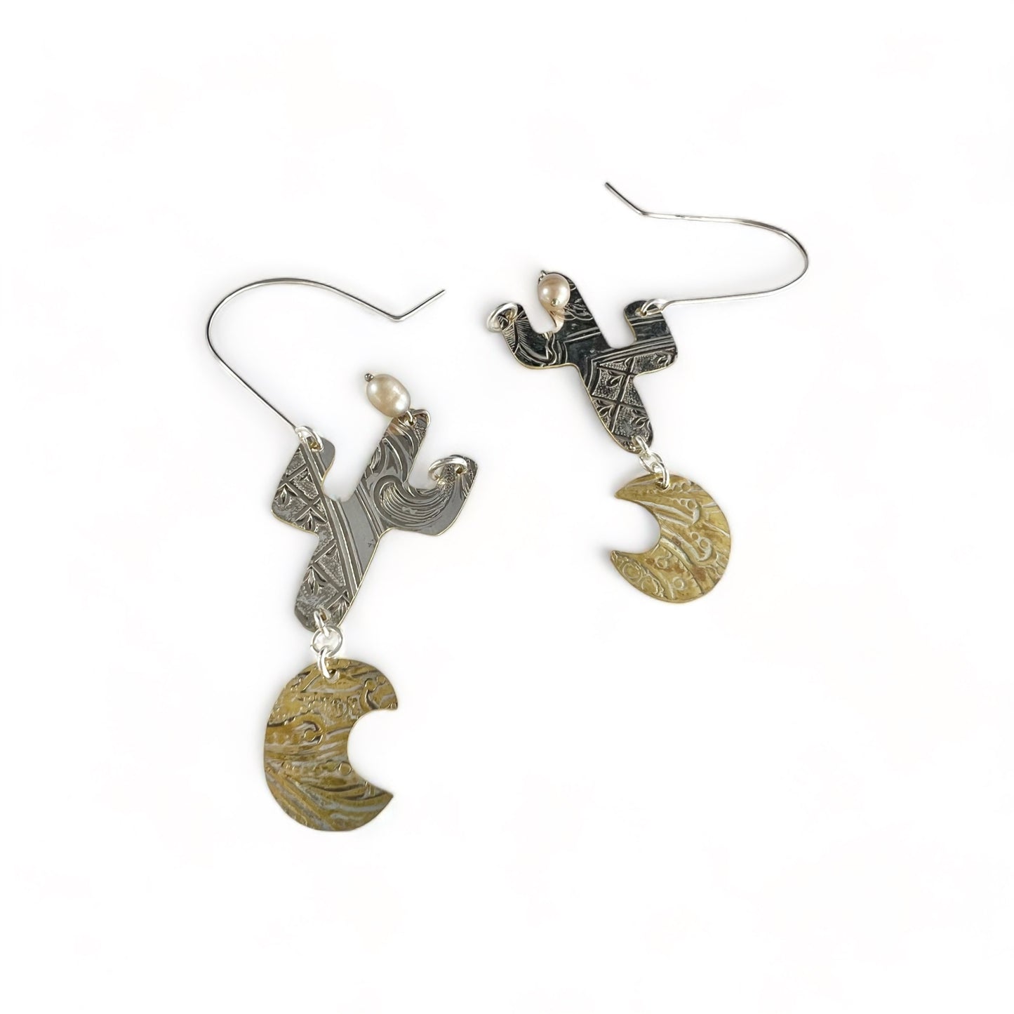 Silver Cactus Hoop Earrings Pearl