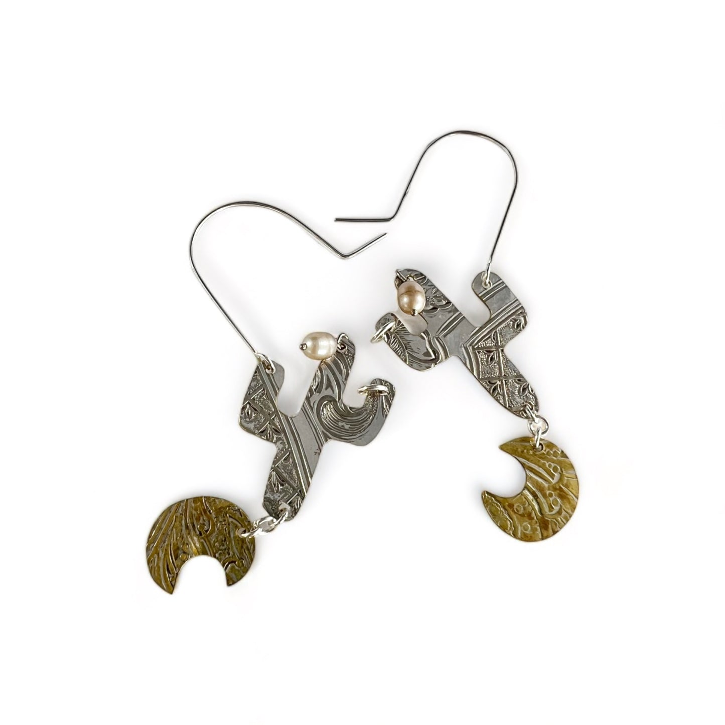 Silver Cactus Hoop Earrings Pearl