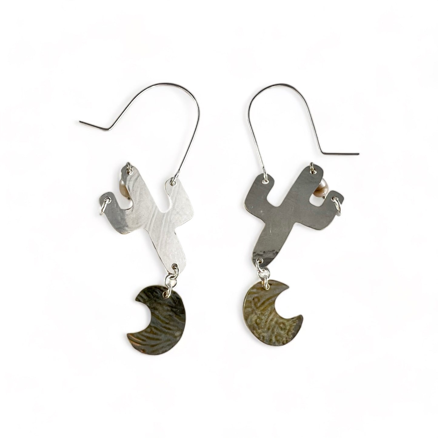 Silver Cactus Hoop Earrings Pearl