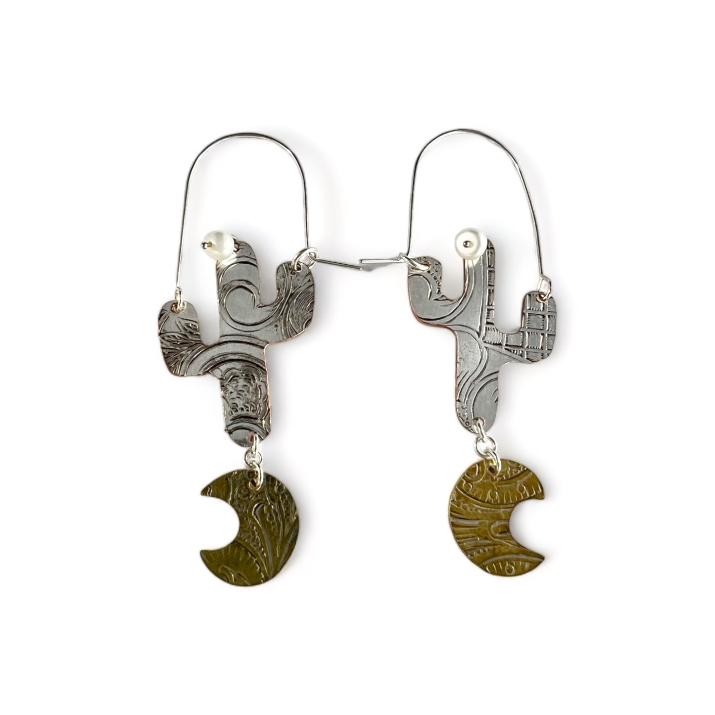 Silver Cactus Hoop Earrings Pearl