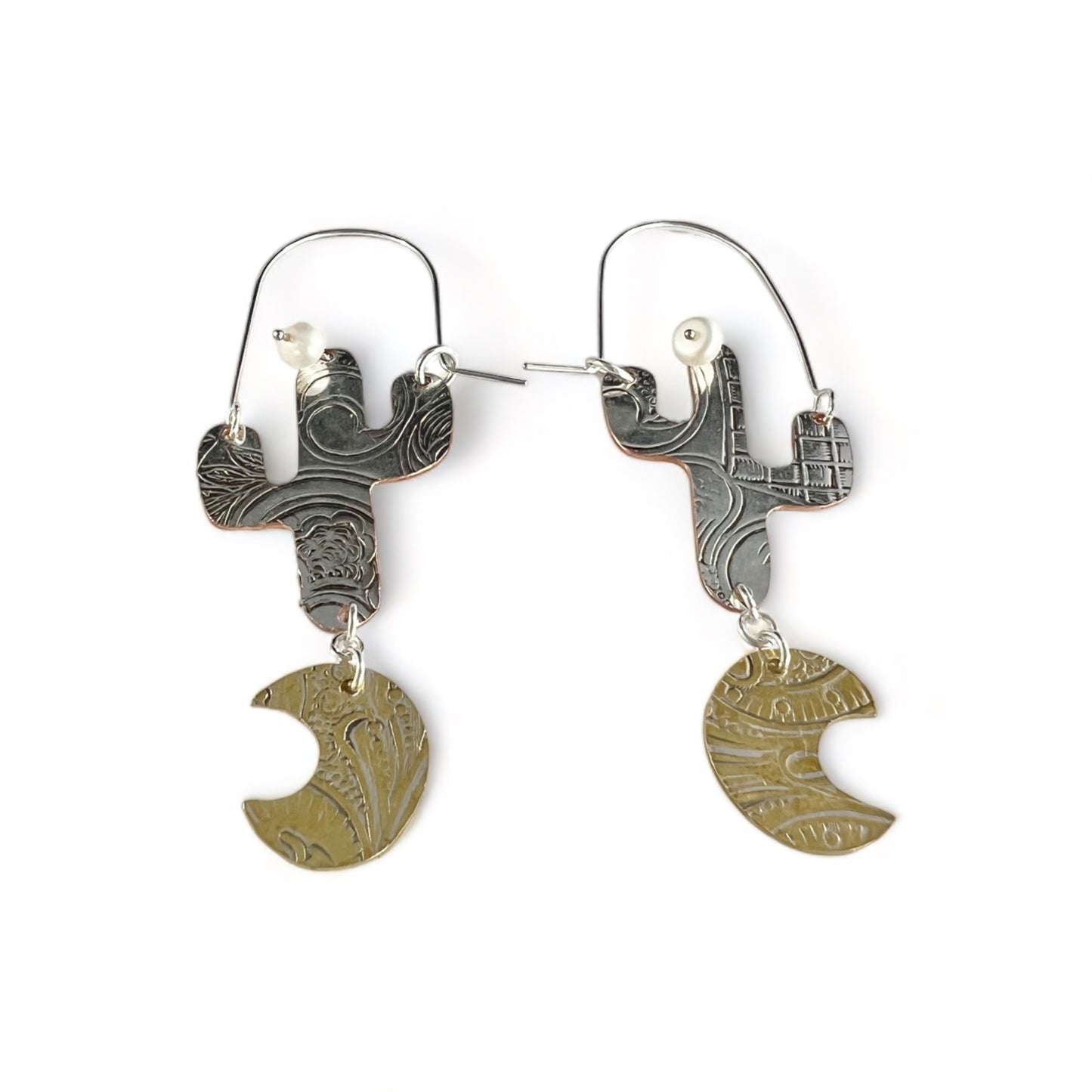 Silver Cactus Hoop Earrings Pearl