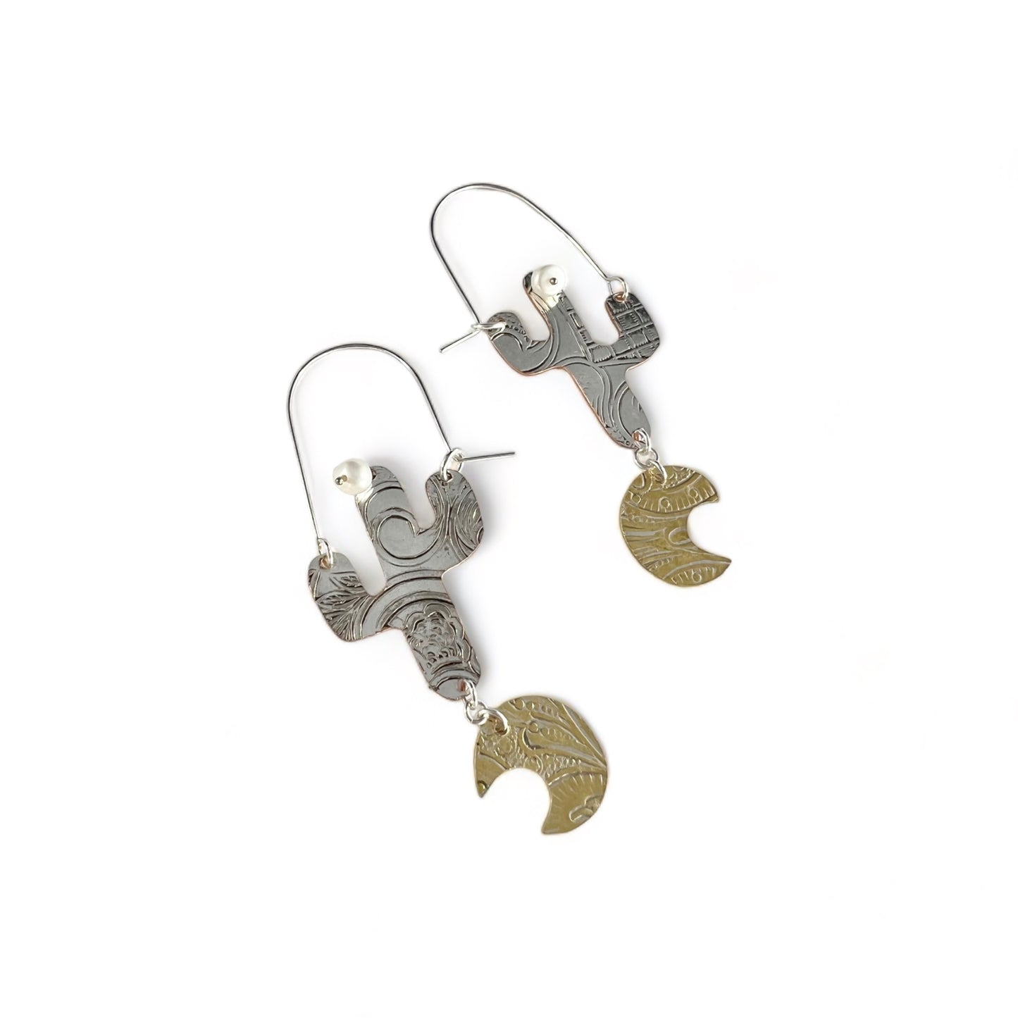 Silver Cactus Hoop Earrings Pearl