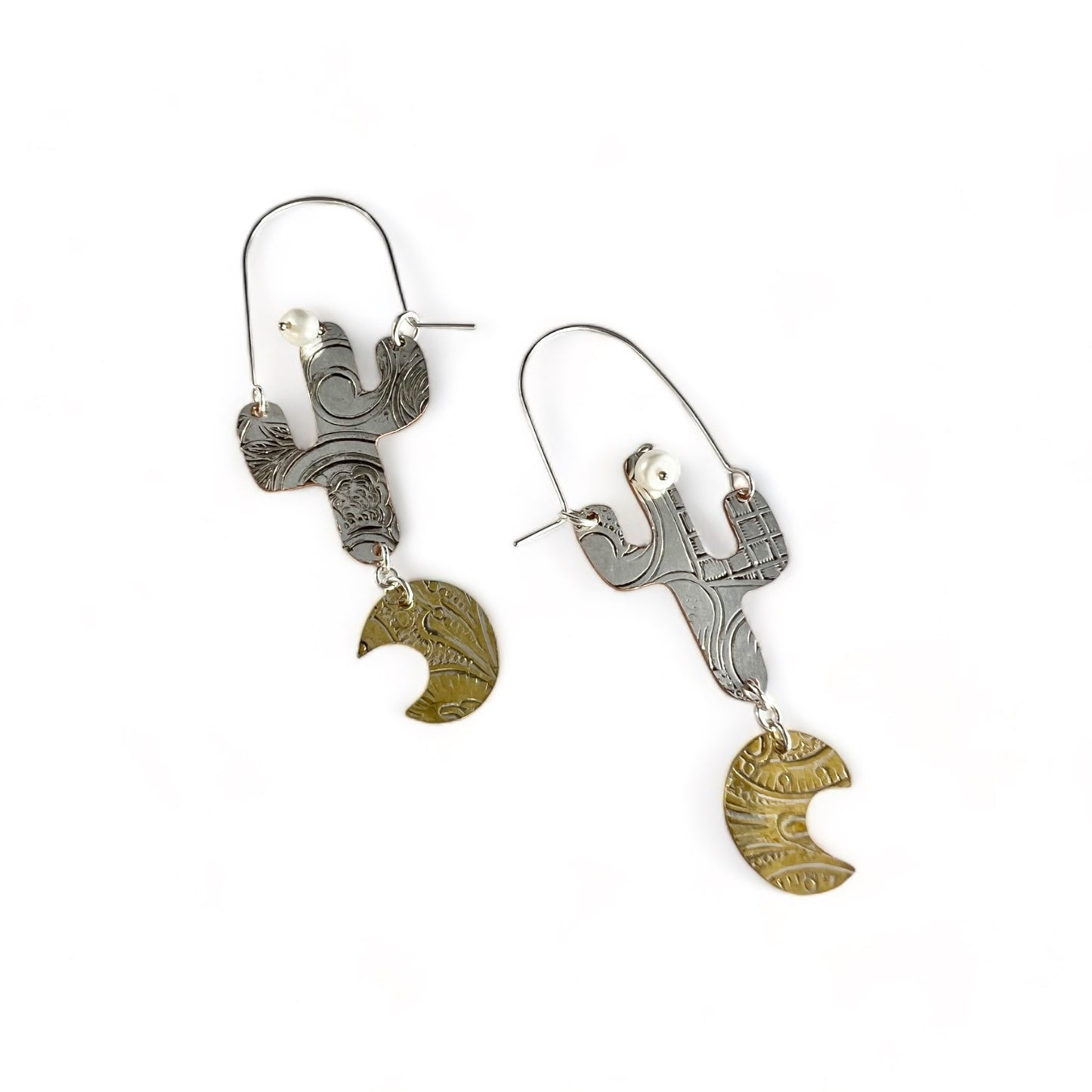 Silver Cactus Hoop Earrings Pearl
