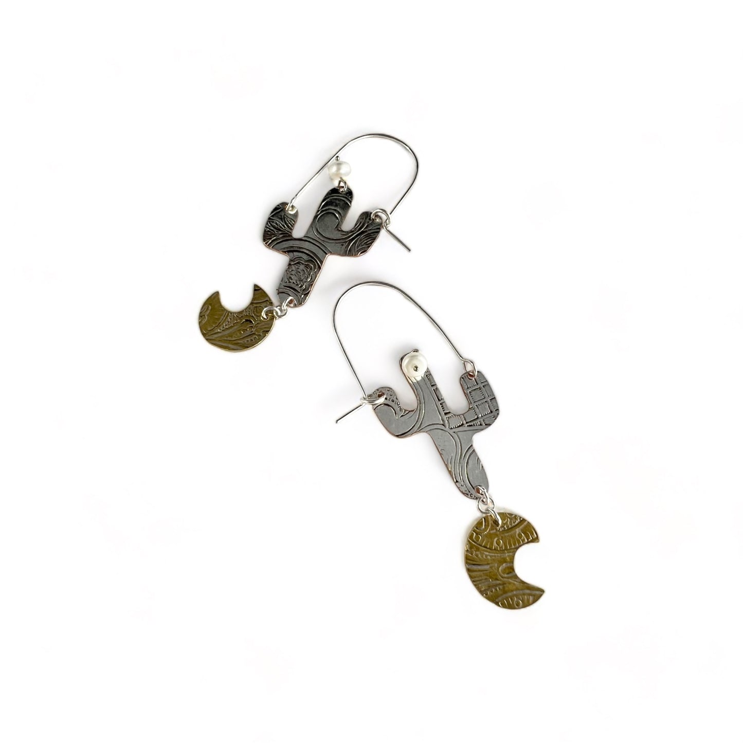Silver Cactus Hoop Earrings Pearl