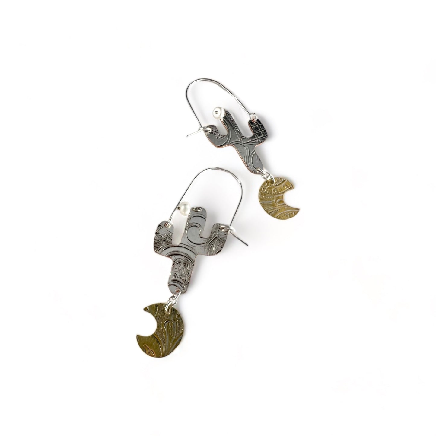 Silver Cactus Hoop Earrings Pearl