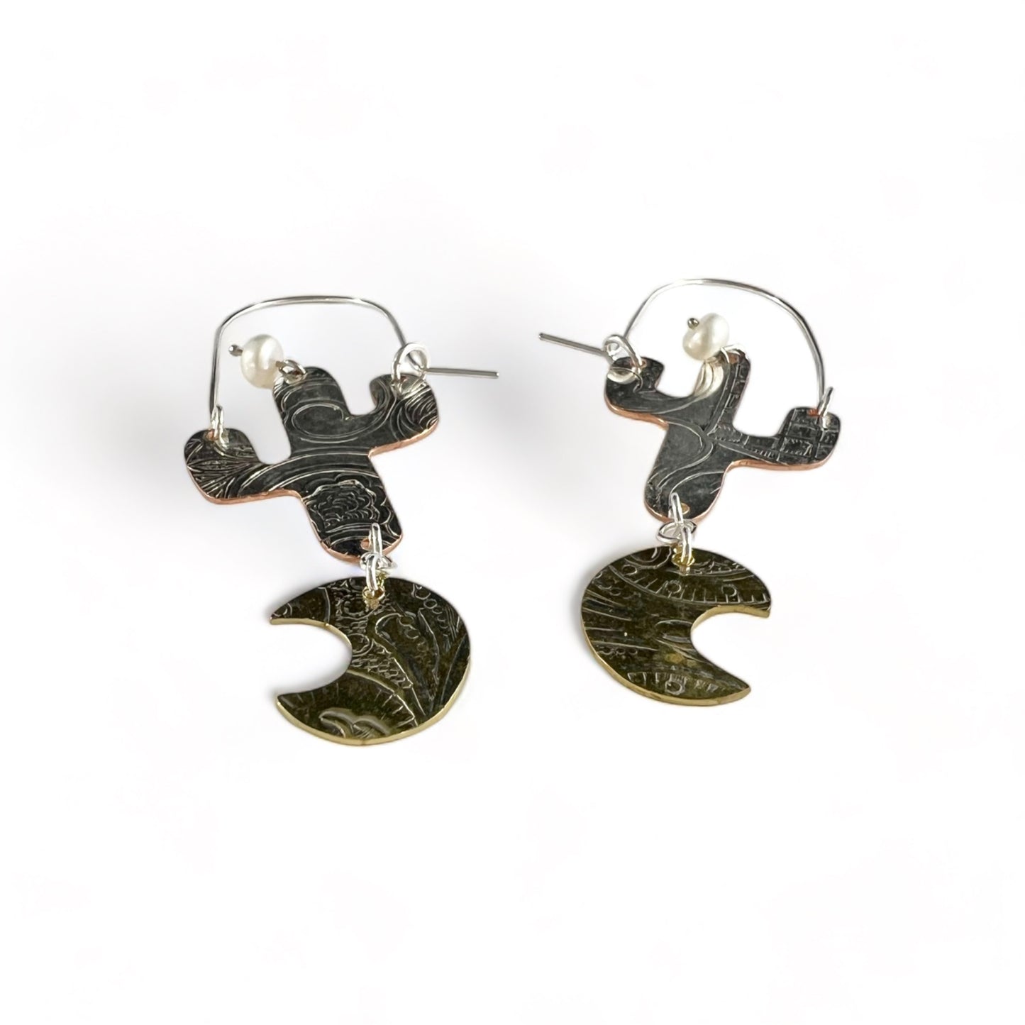 Silver Cactus Hoop Earrings Pearl