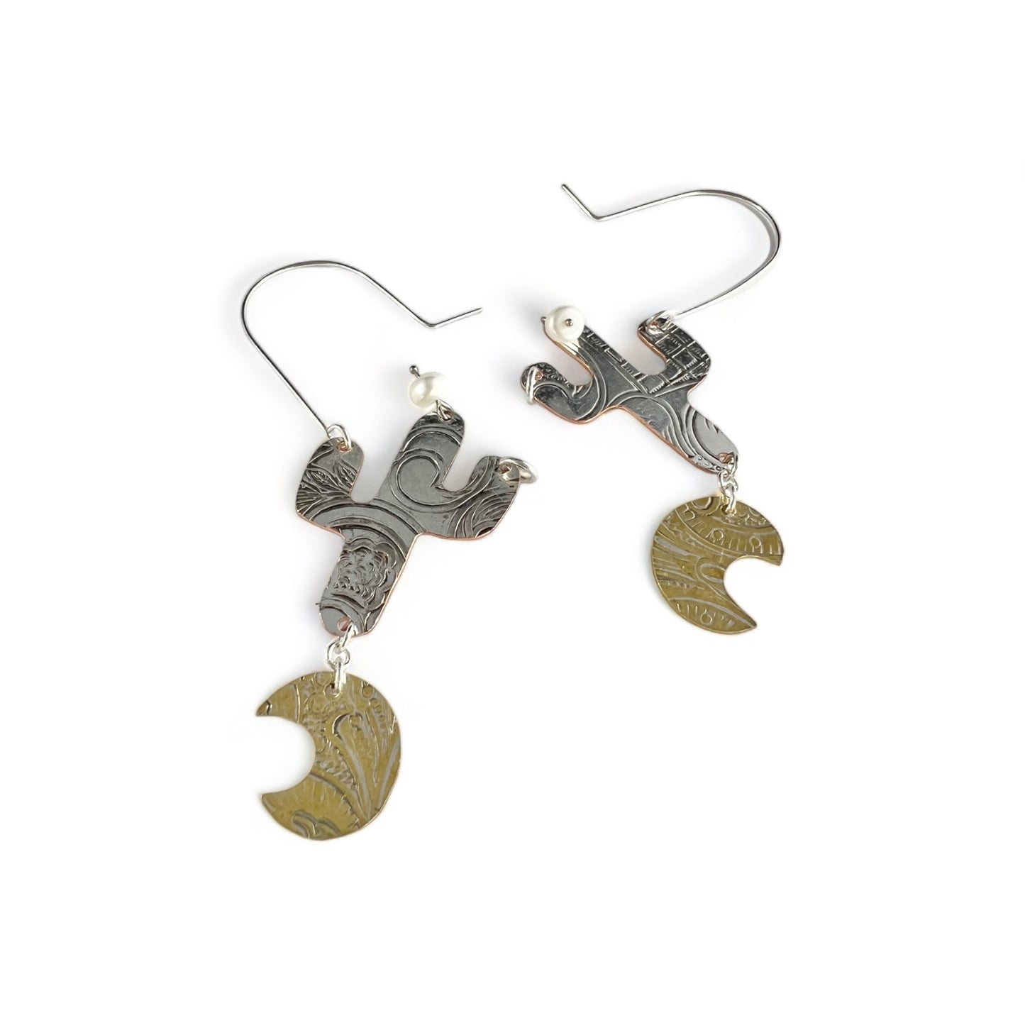 Silver Cactus Hoop Earrings Pearl