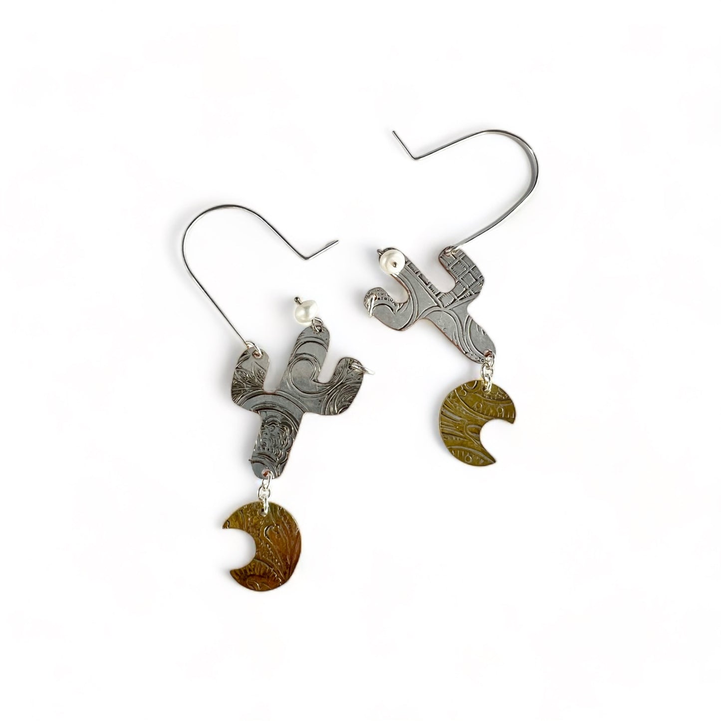 Silver Cactus Hoop Earrings Pearl