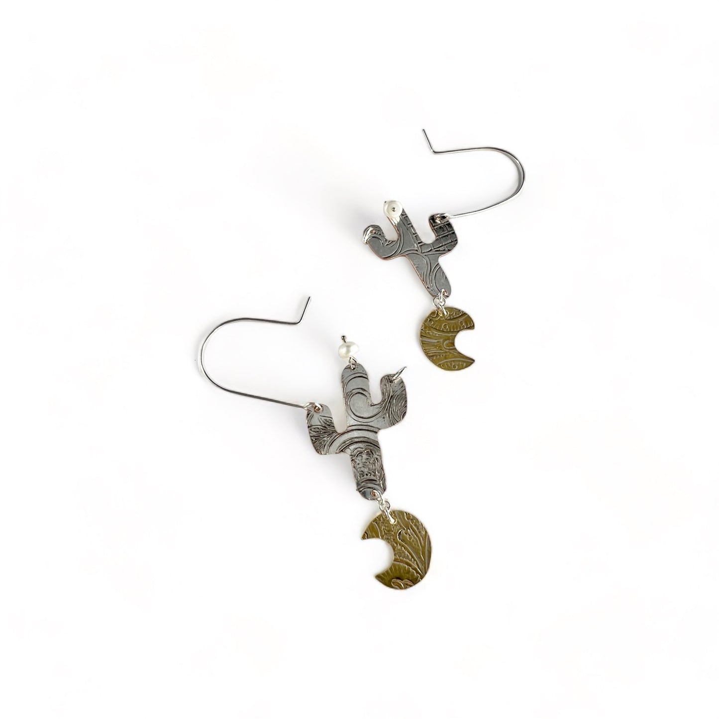 Silver Cactus Hoop Earrings Pearl