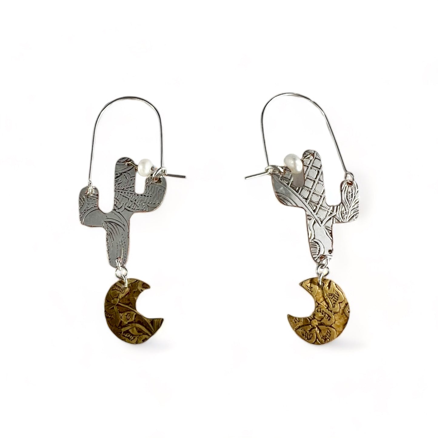 Silver Cactus Hoop Earrings Pearl