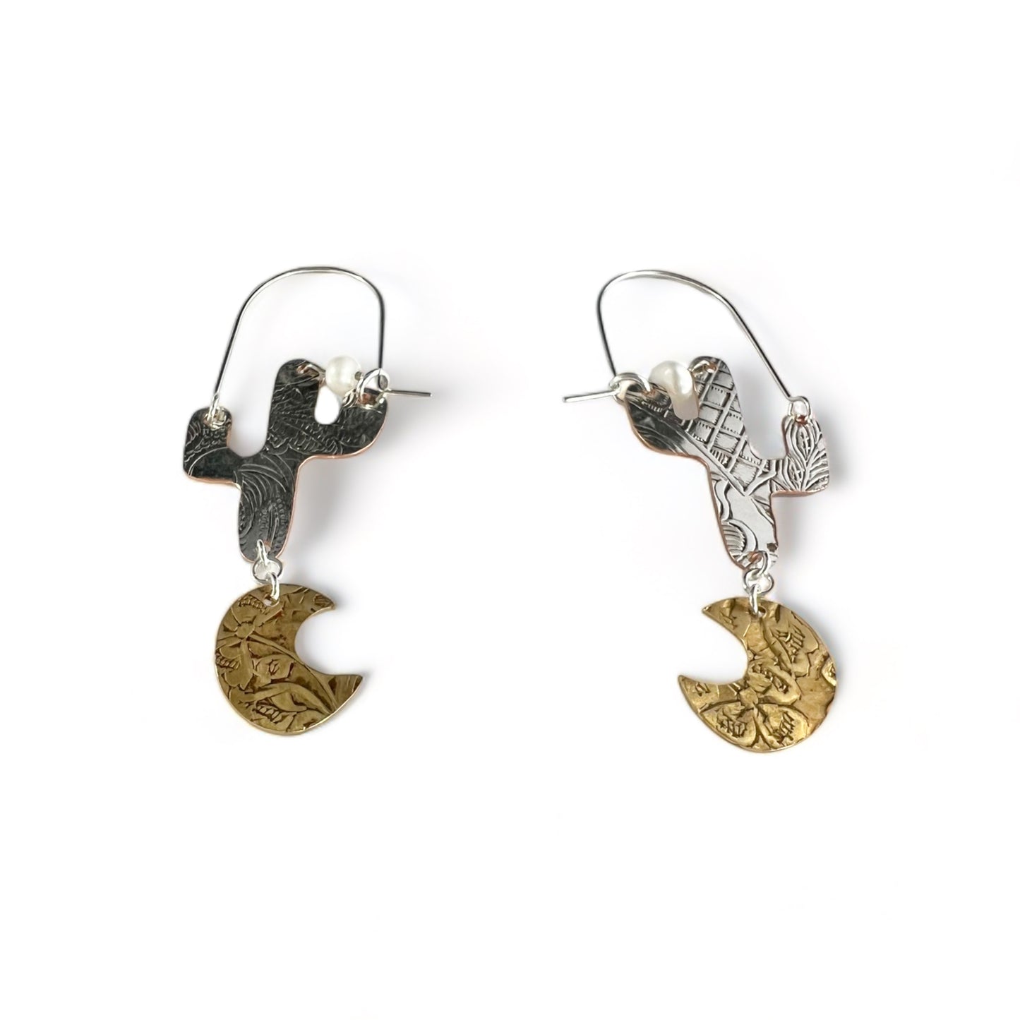 Silver Cactus Hoop Earrings Pearl