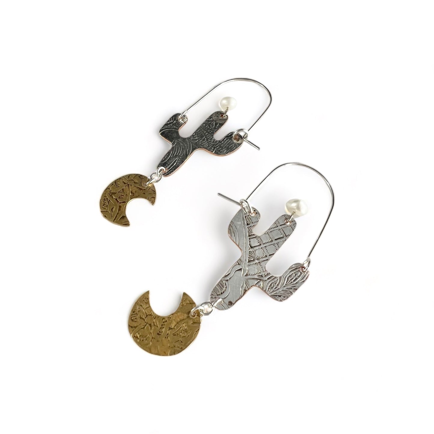 Silver Cactus Hoop Earrings Pearl