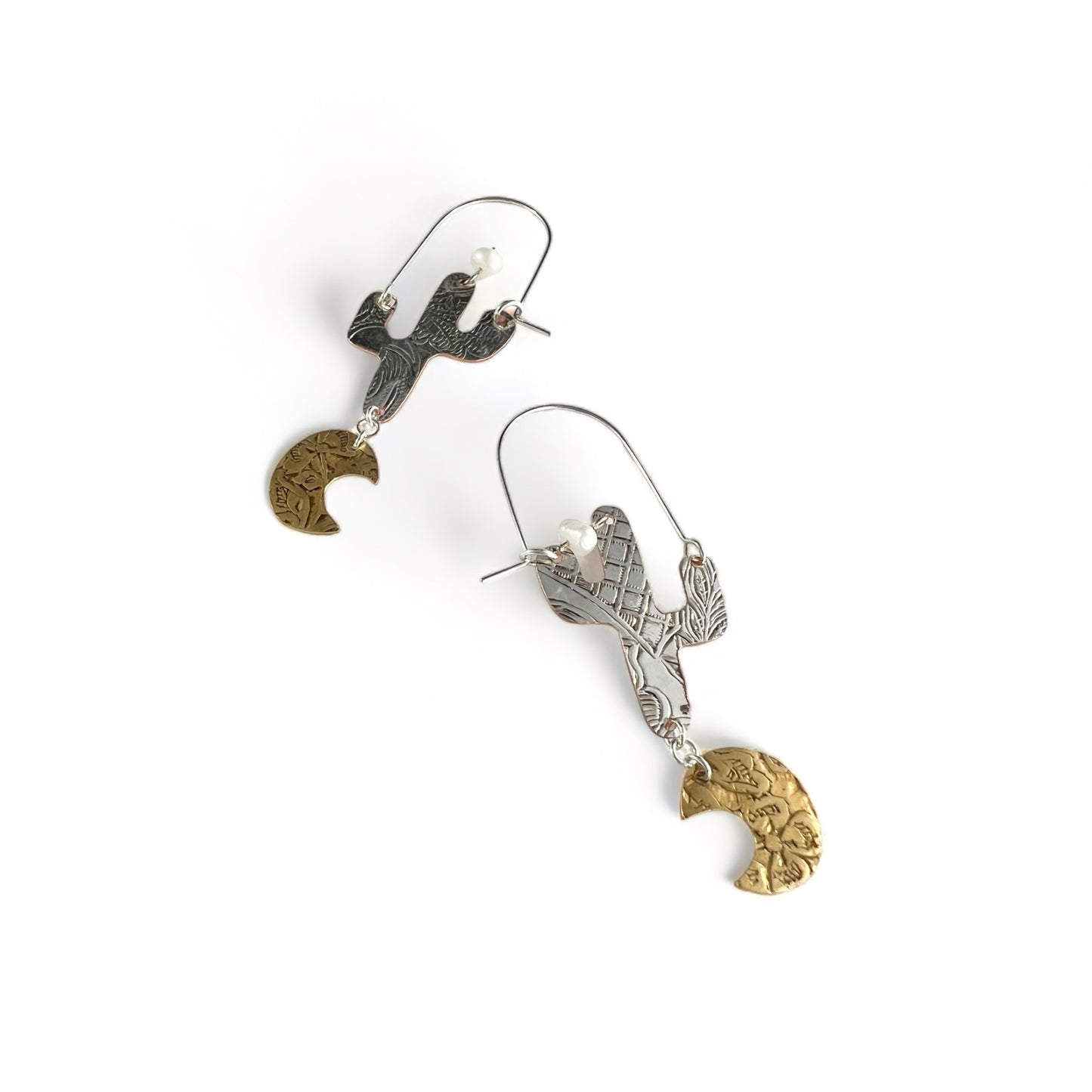 Silver Cactus Hoop Earrings Pearl