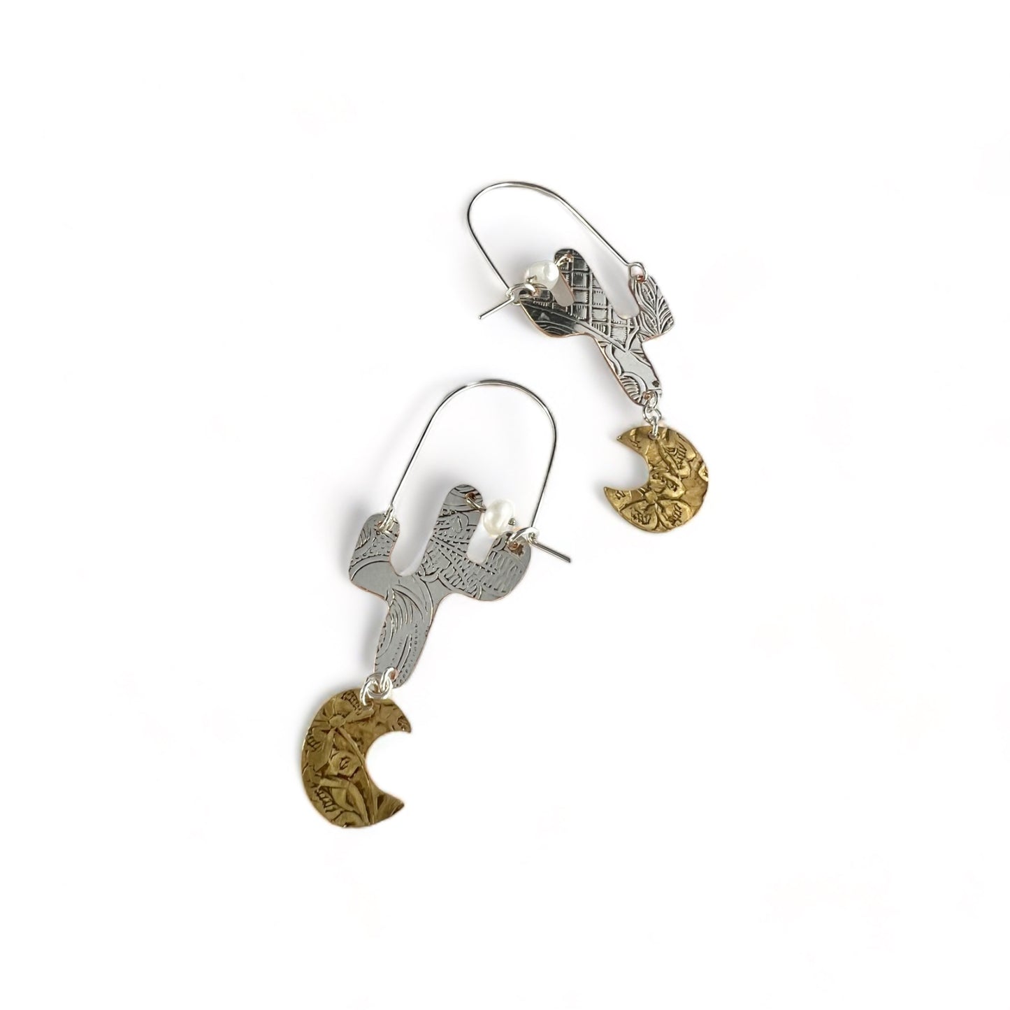 Silver Cactus Hoop Earrings Pearl