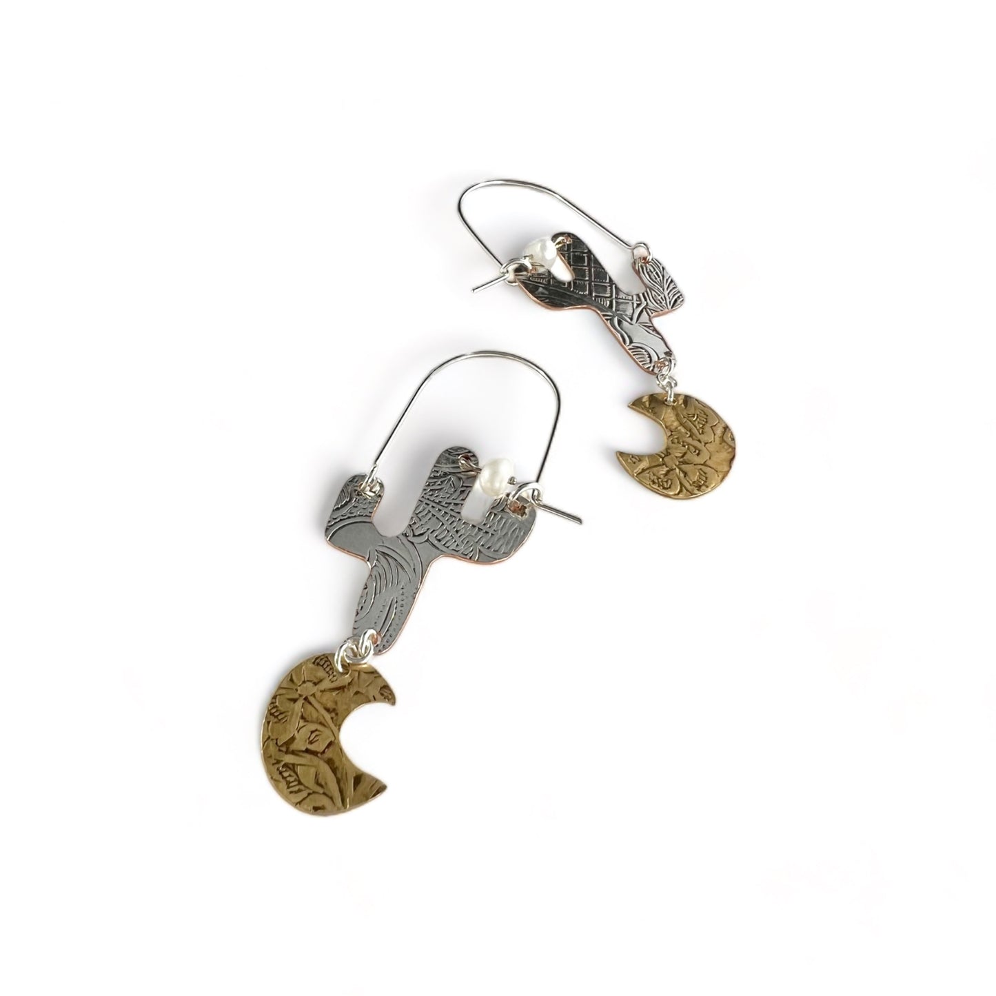 Silver Cactus Hoop Earrings Pearl