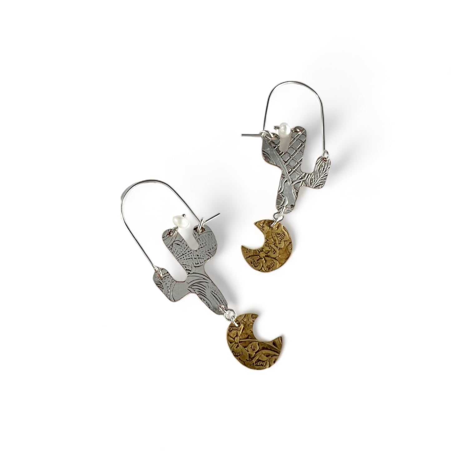 Silver Cactus Hoop Earrings Pearl