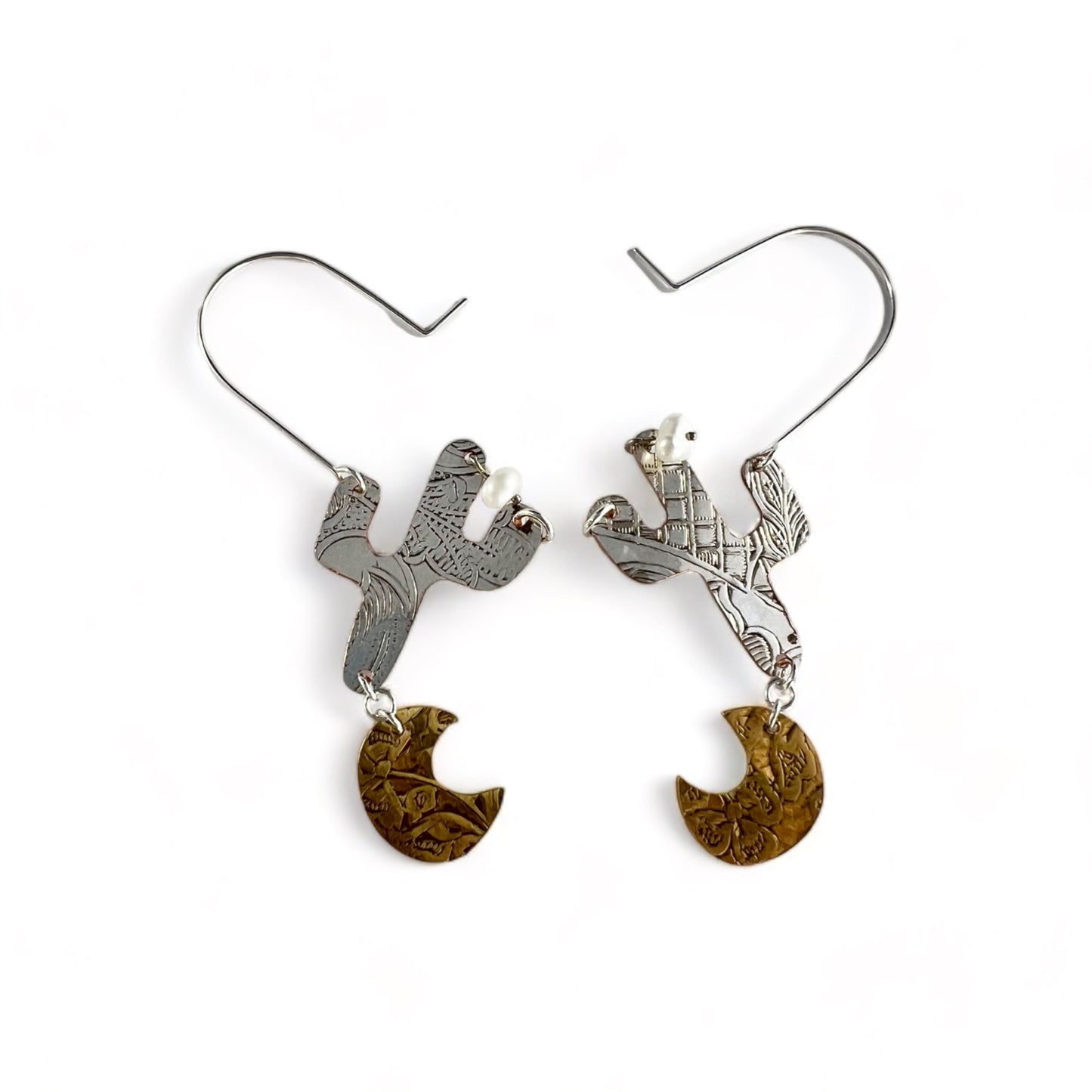 Silver Cactus Hoop Earrings Pearl