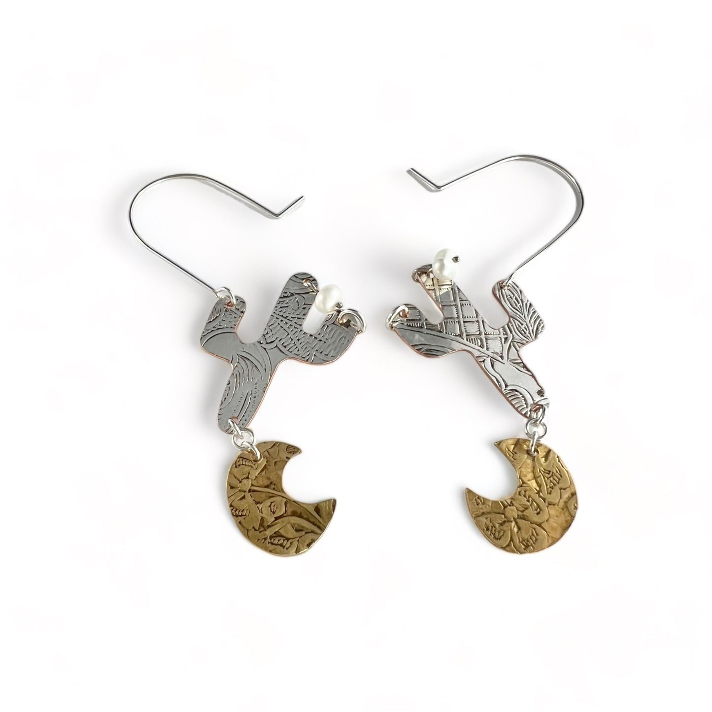 Silver Cactus Hoop Earrings Pearl