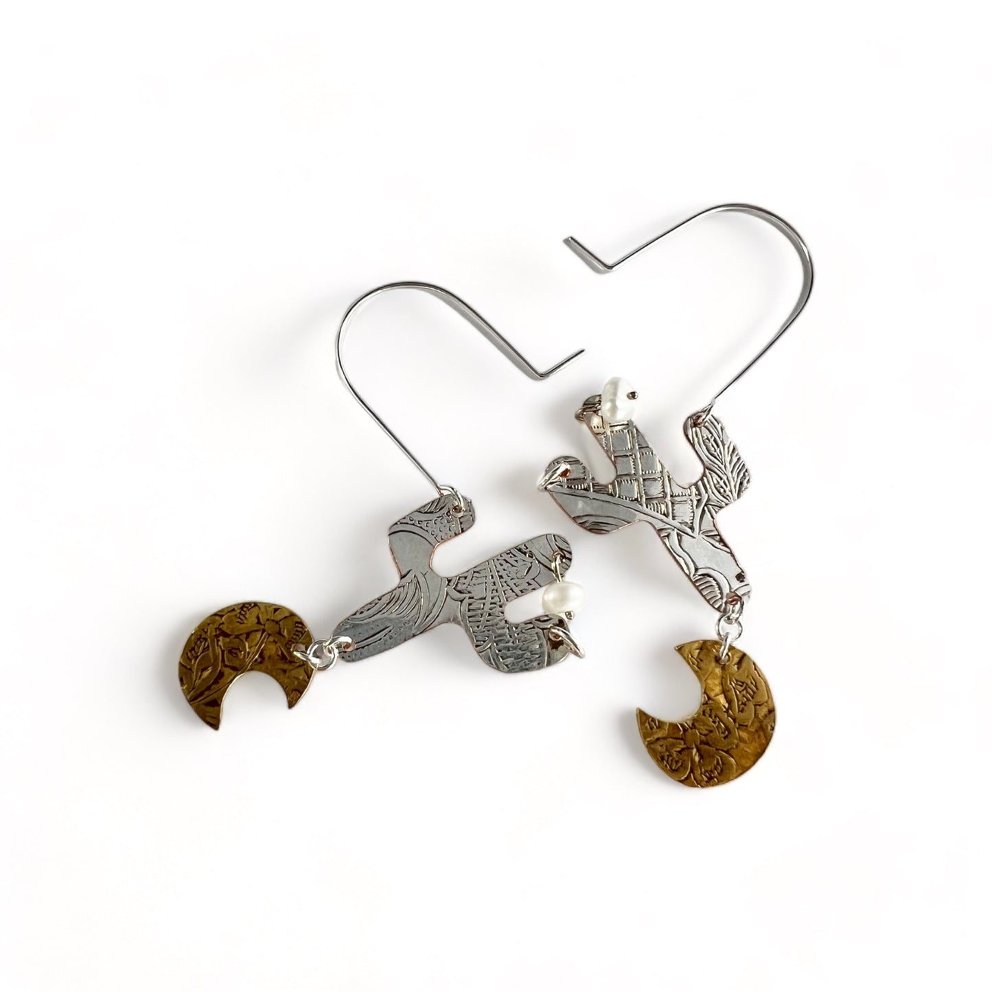 Silver Cactus Hoop Earrings Pearl