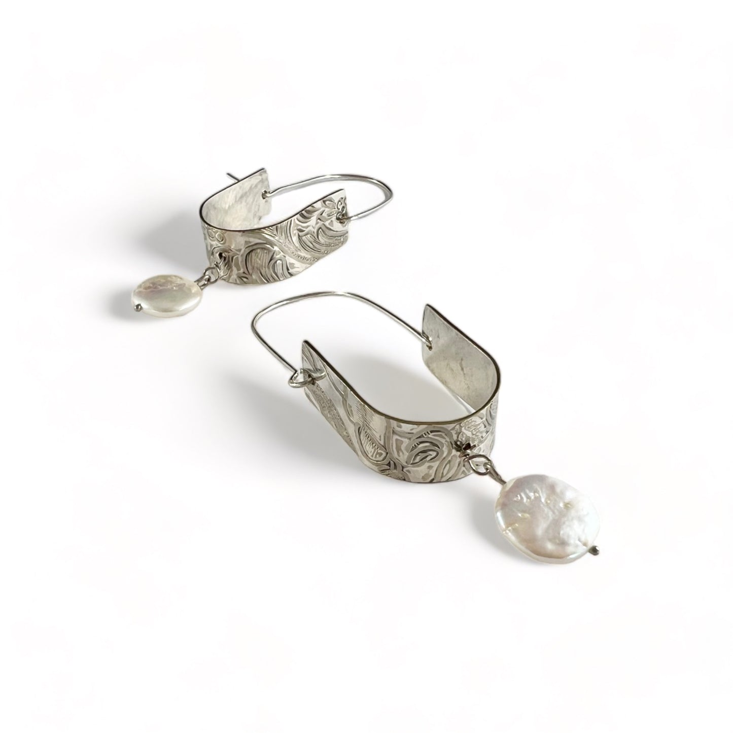 Silver Hoop Earrings with Pearls