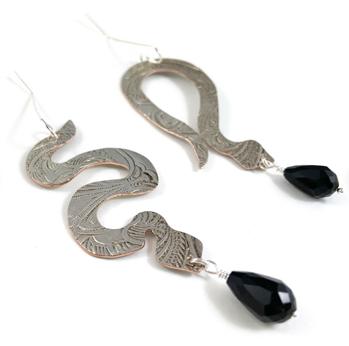 Silverware Snake Earrings with Black Glass Beads