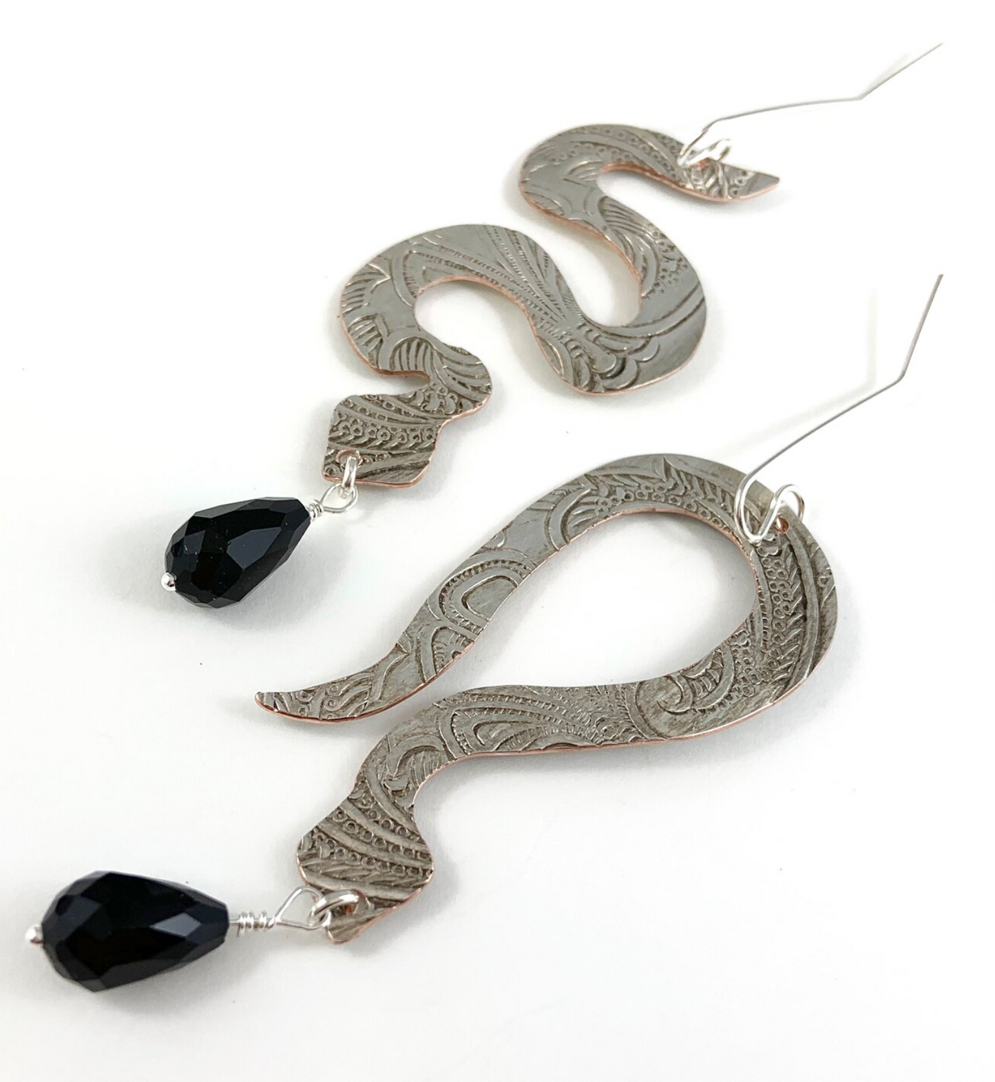 Silverware Snake Earrings with Black Glass Beads