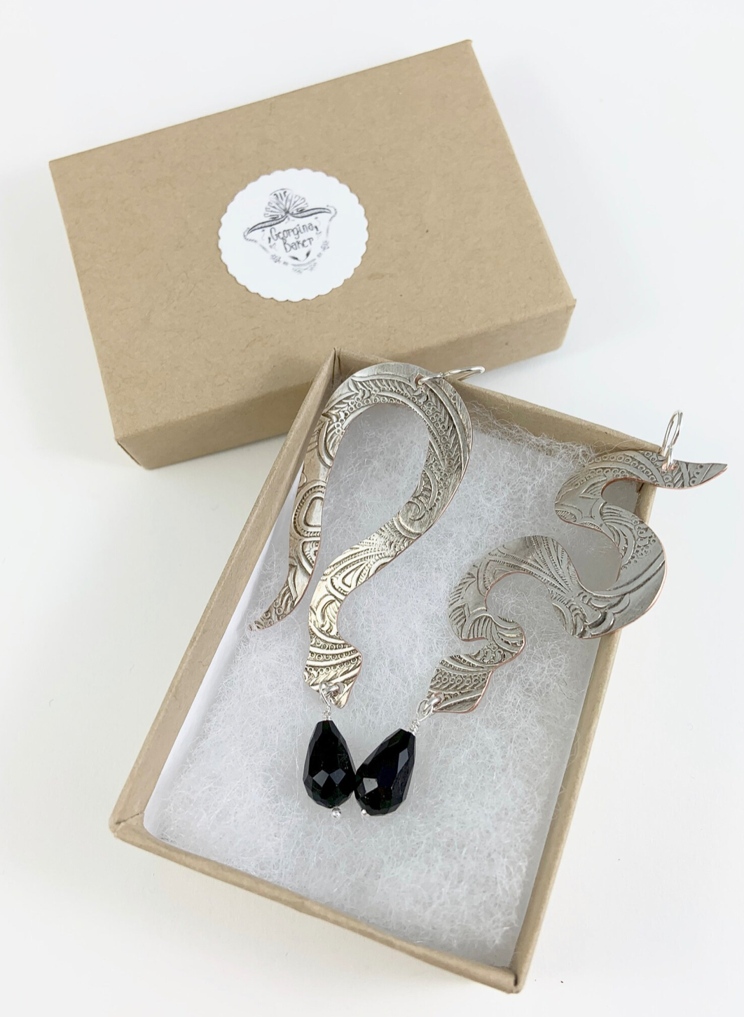Silverware Snake Earrings with Black Glass Beads
