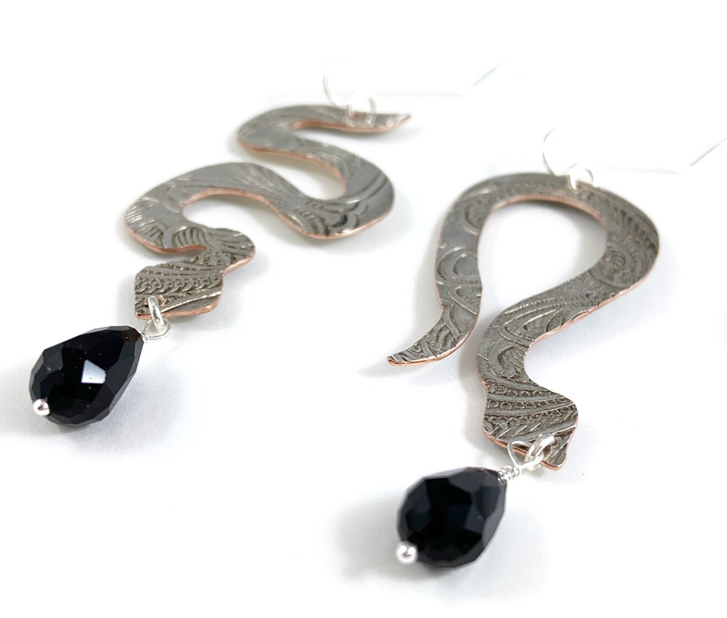 Silverware Snake Earrings with Black Glass Beads