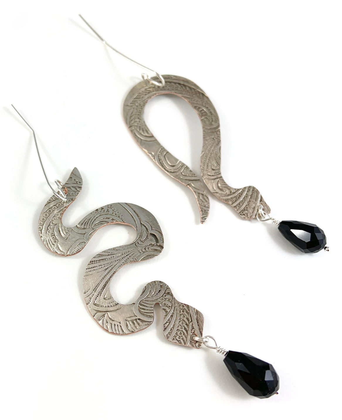 Silverware Snake Earrings with Black Glass Beads