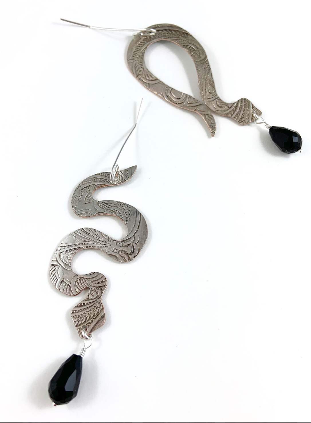Silverware Snake Earrings with Black Glass Beads