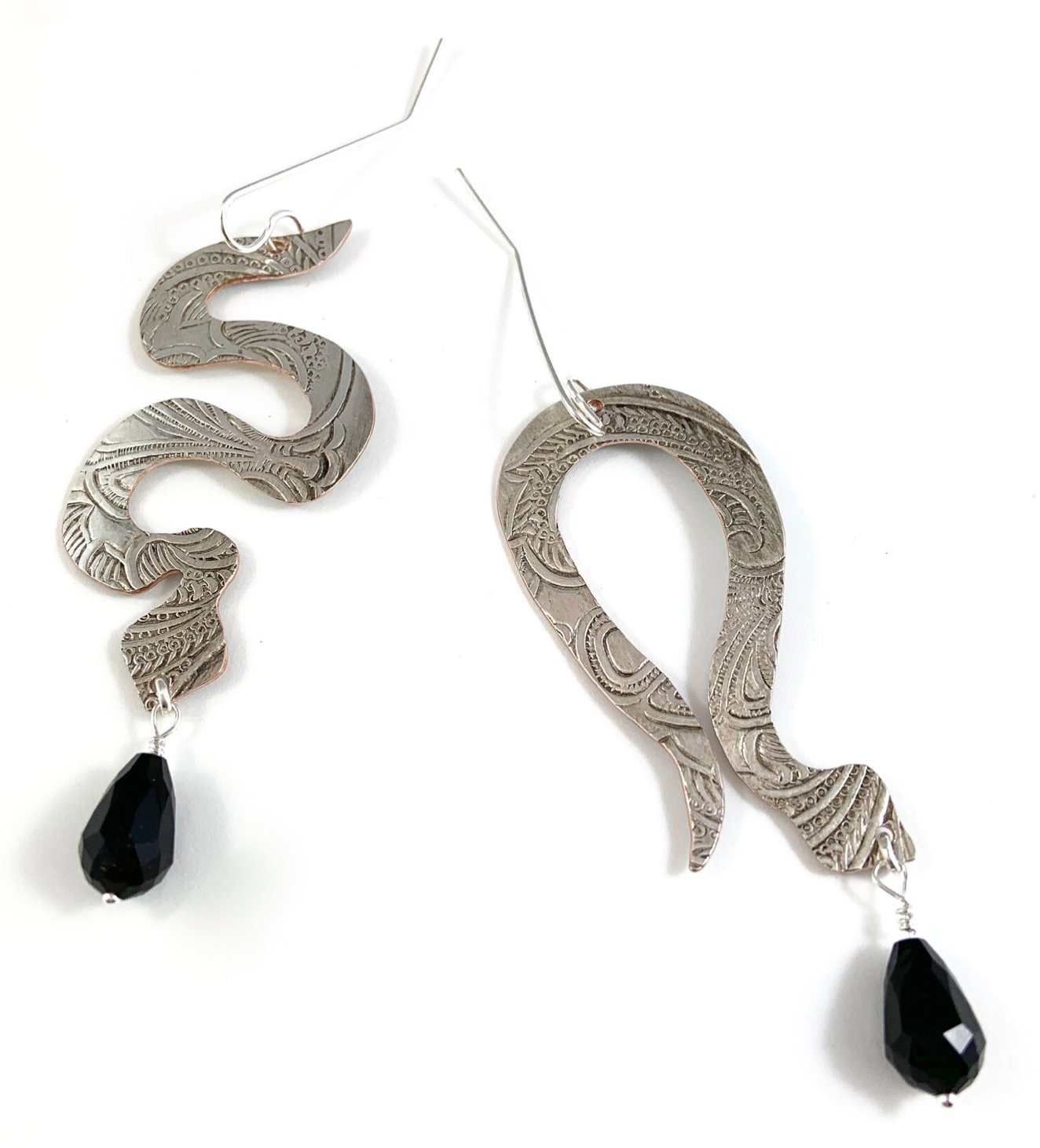 Silverware Snake Earrings with Black Glass Beads