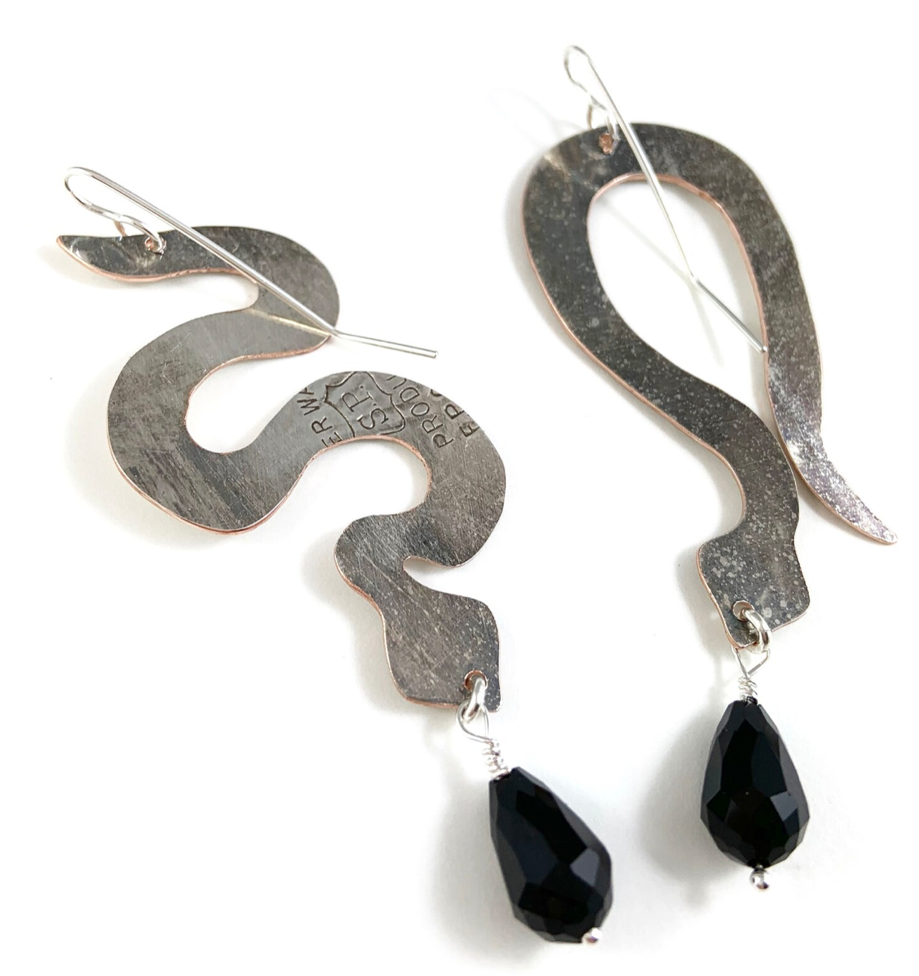 Silverware Snake Earrings with Black Glass Beads