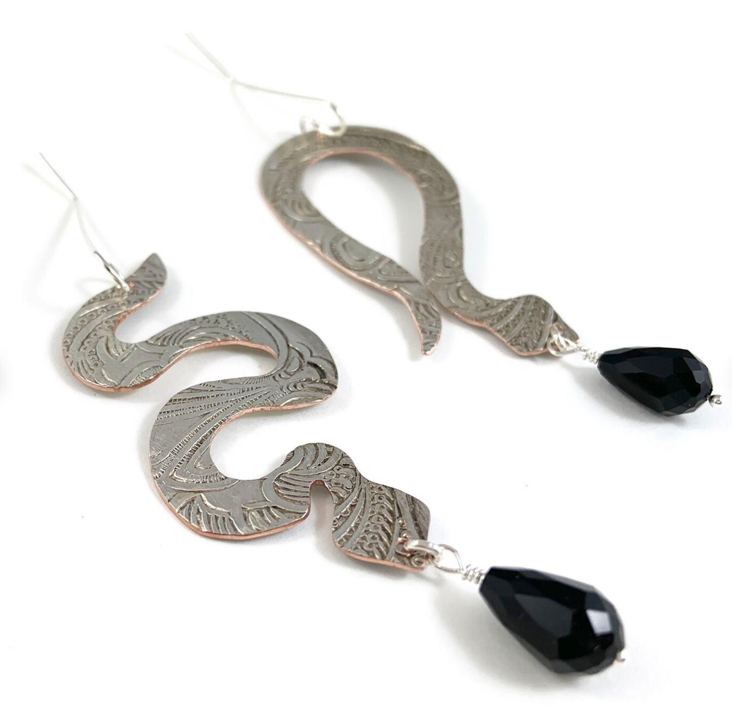 Silverware Snake Earrings with Black Glass Beads