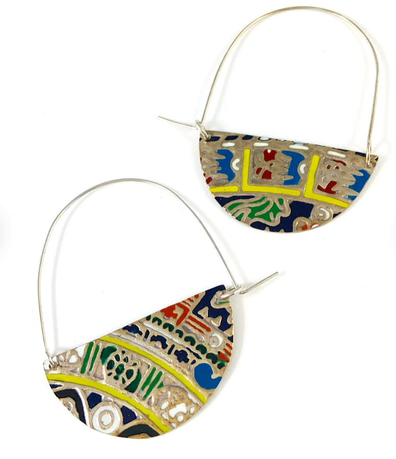 Brass and Enamel Hoop Earrings