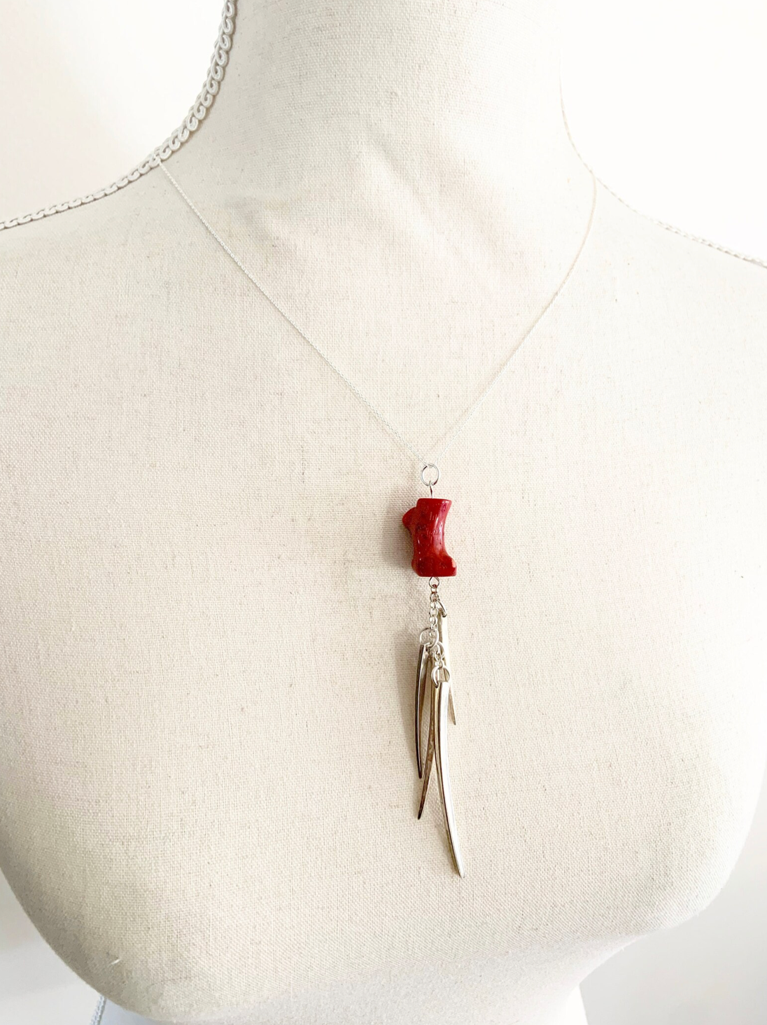 Fork Tine and Red Coral Charm Necklace