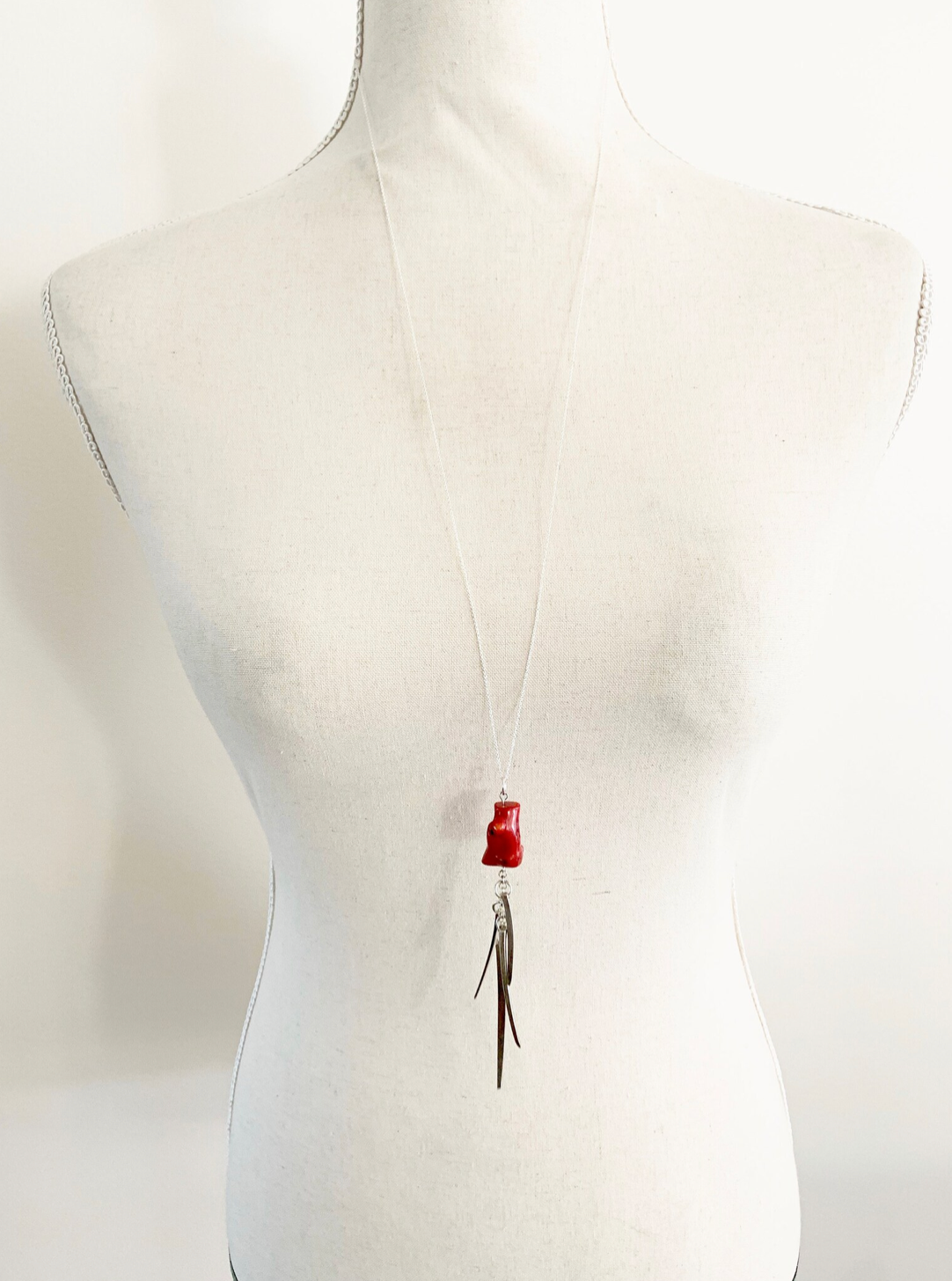 Fork Tine and Red Coral Charm Necklace