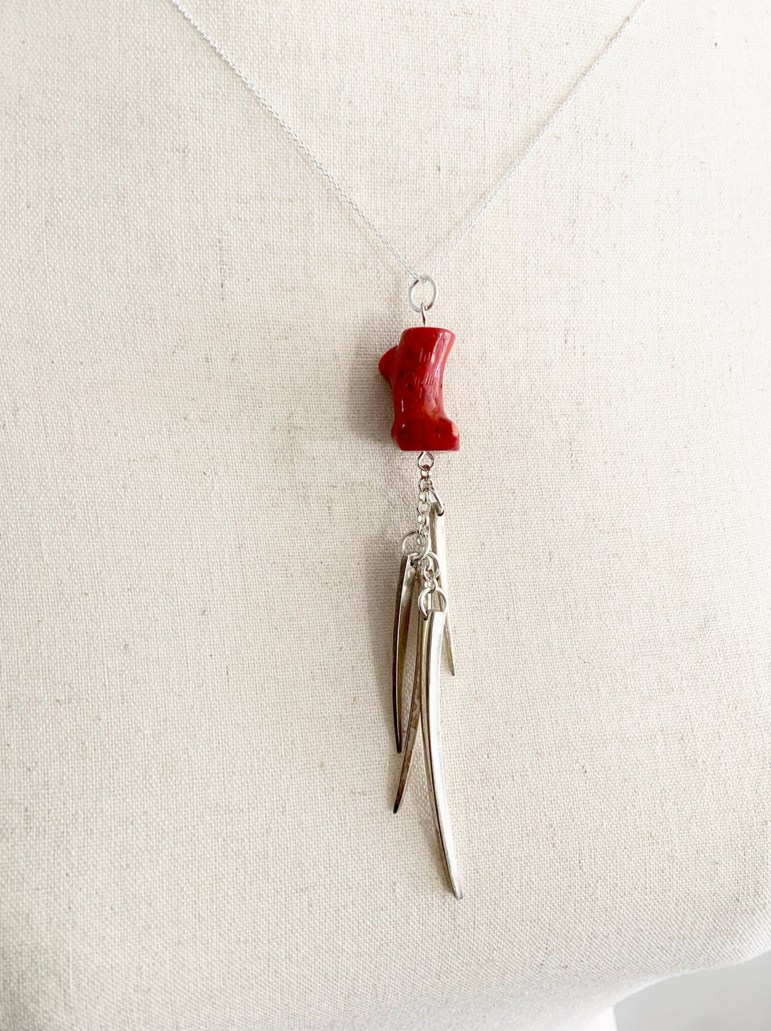 Fork Tine and Red Coral Charm Necklace