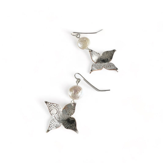 Silver Flower Earrings with Pearl