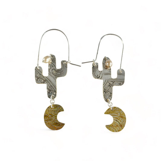 Silver Cactus Hoop Earrings Pearl