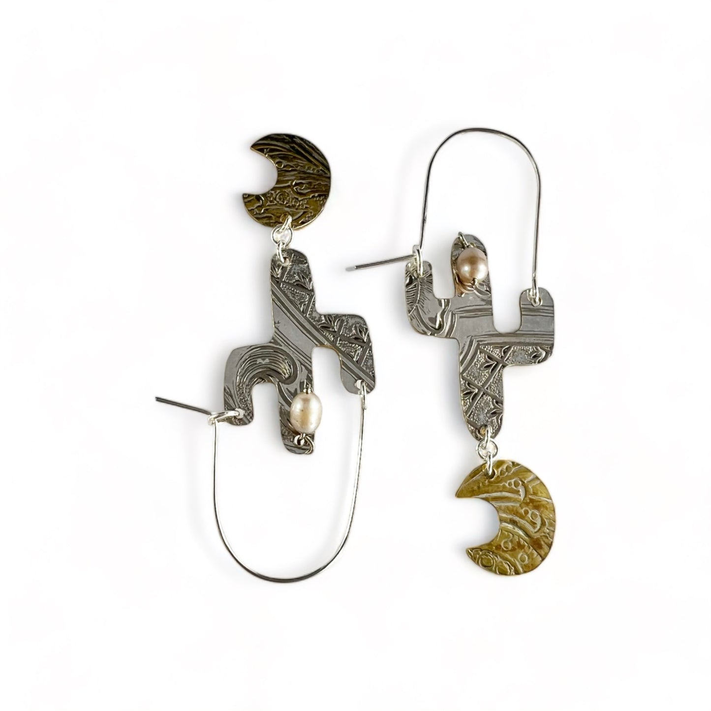 Silver Cactus Hoop Earrings Pearl