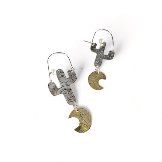 Silver Cactus Hoop Earrings Pearl