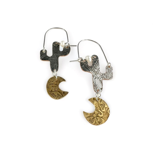 Silver Cactus Hoop Earrings Pearl