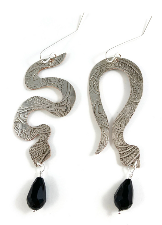 Silverware Snake Earrings with Black Glass Beads